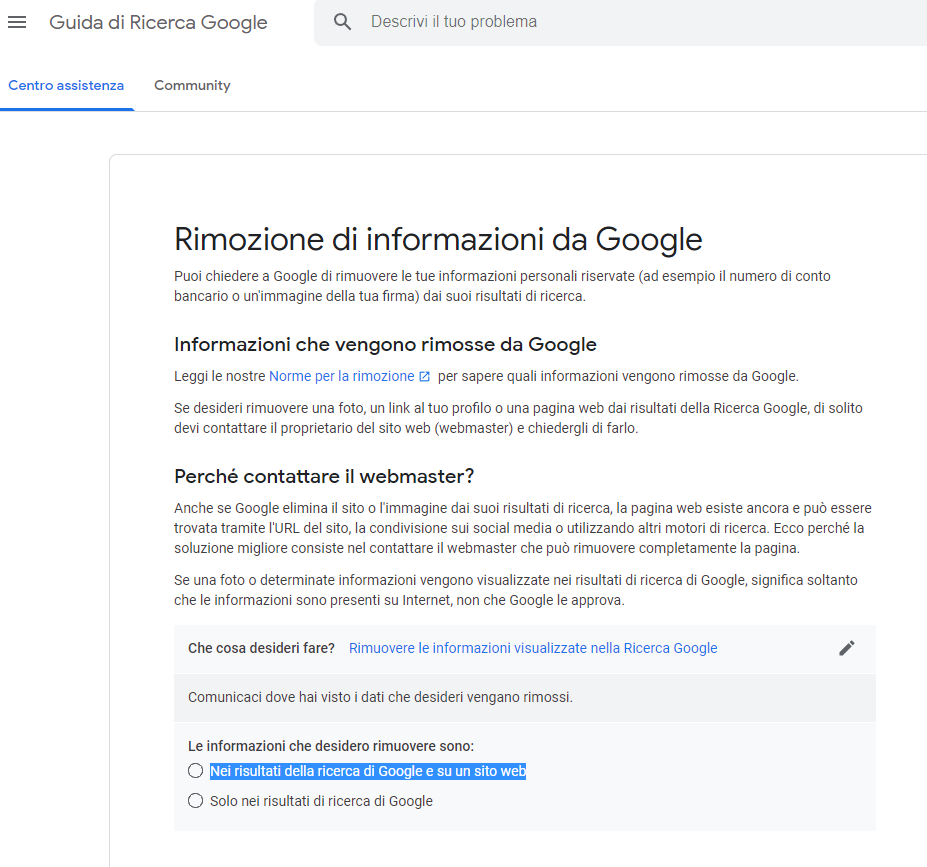 rimozione di immagini da google